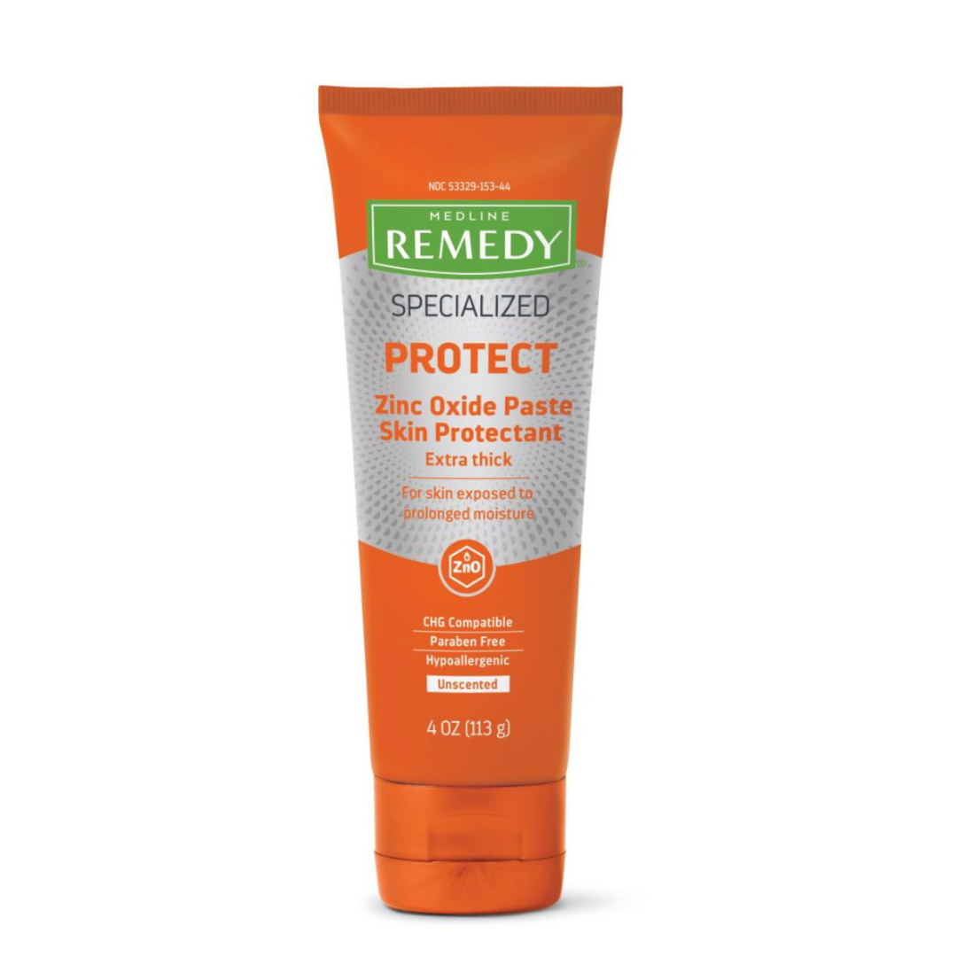 Medline Remedy Specialized Extra Thick Zinc Oxide Paste, in a 4 oz orange tube, forms a strong moisture barrier for sensitive skin exposed to prolonged moisture. Its CMG compatible, paraben-free, and unscented.